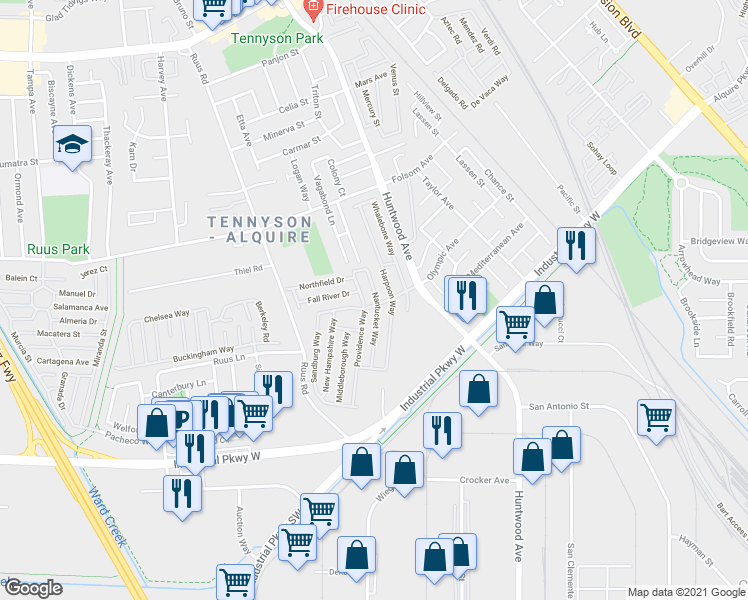 map of restaurants, bars, coffee shops, grocery stores, and more near 29293 Nantucket Way in Hayward