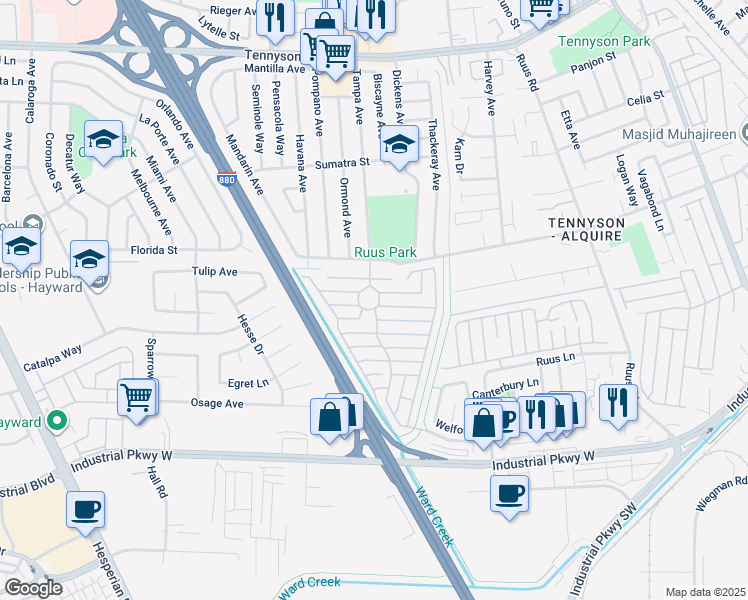 map of restaurants, bars, coffee shops, grocery stores, and more near 1541 Ortega Avenue in Hayward