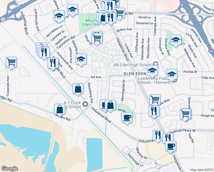 map of restaurants, bars, coffee shops, grocery stores, and more near 27920 Pueblo Serena in Hayward