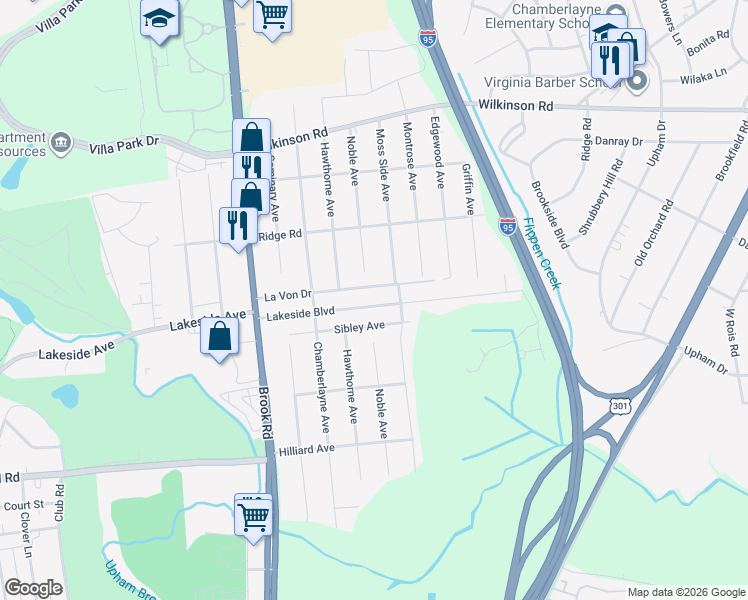 map of restaurants, bars, coffee shops, grocery stores, and more near 710 Lakeside Boulevard in Richmond