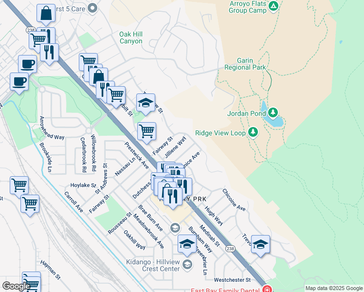 map of restaurants, bars, coffee shops, grocery stores, and more near 627 Jilliene Way in Hayward