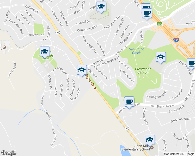 map of restaurants, bars, coffee shops, grocery stores, and more near 1880 Earl Avenue in San Bruno
