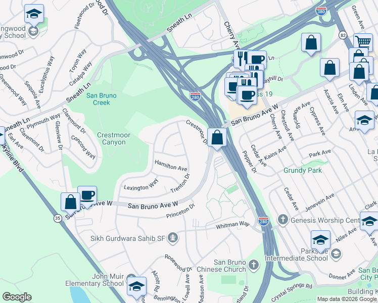 map of restaurants, bars, coffee shops, grocery stores, and more near 2200 Charleston Avenue in San Bruno