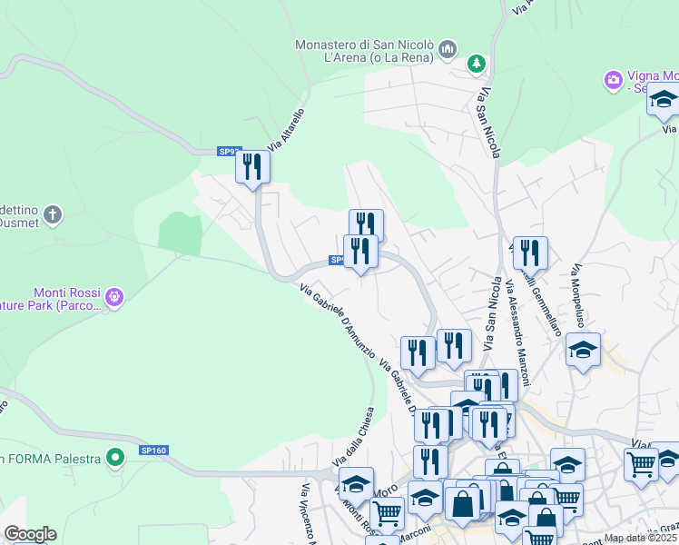 map of restaurants, bars, coffee shops, grocery stores, and more near Via Vincenzo Torre in Nicolosi