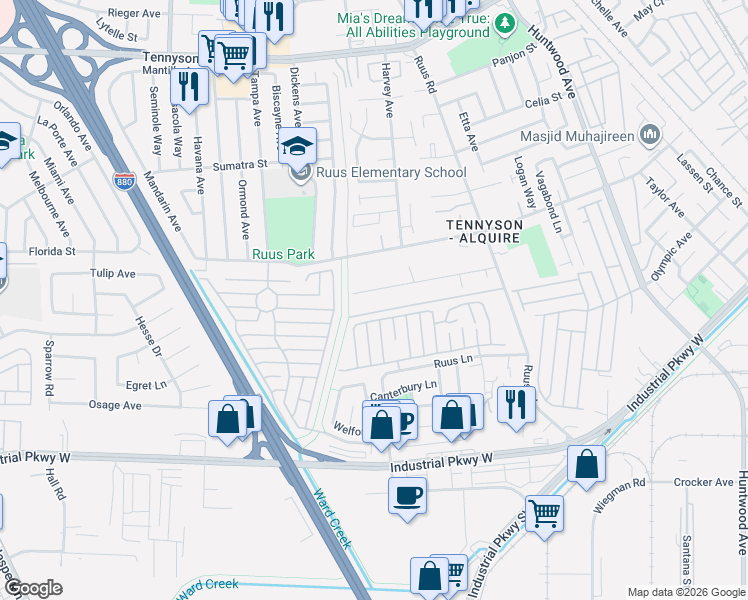 map of restaurants, bars, coffee shops, grocery stores, and more near 1348 Thiel Road in Hayward