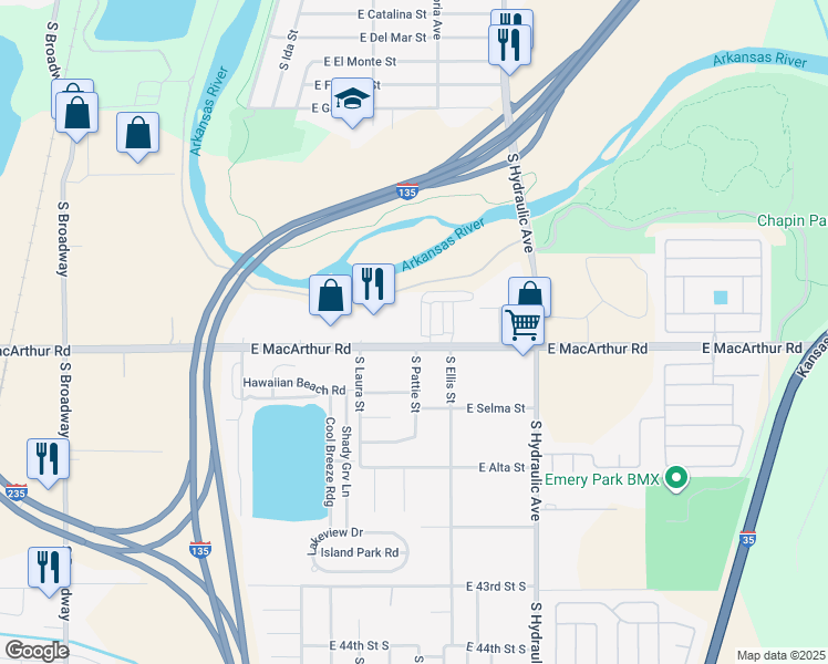 map of restaurants, bars, coffee shops, grocery stores, and more near 3947 South Lulu Street in Wichita