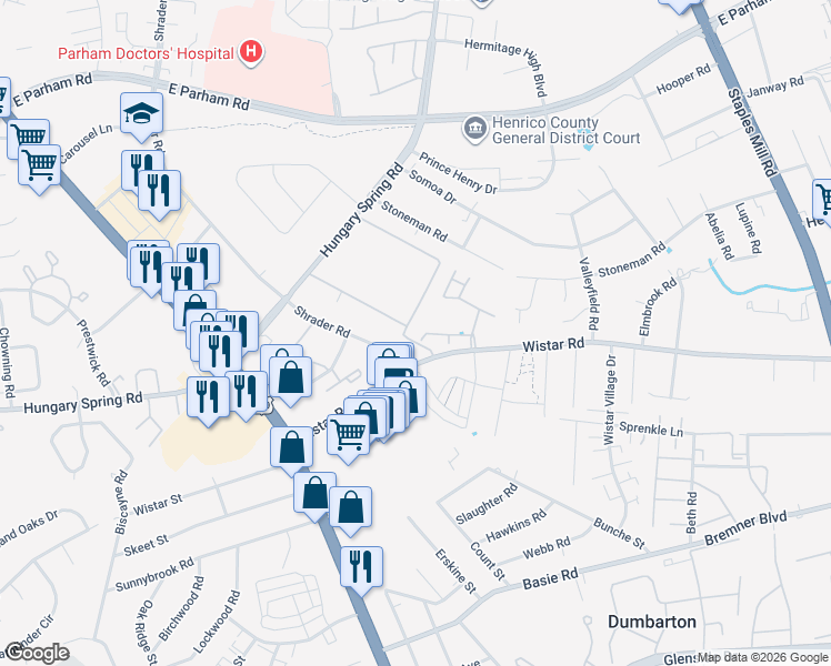 map of restaurants, bars, coffee shops, grocery stores, and more near 4640 Willow Leaf Place in Richmond