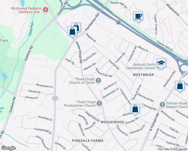 map of restaurants, bars, coffee shops, grocery stores, and more near 2107 Cool Brook Drive in Richmond