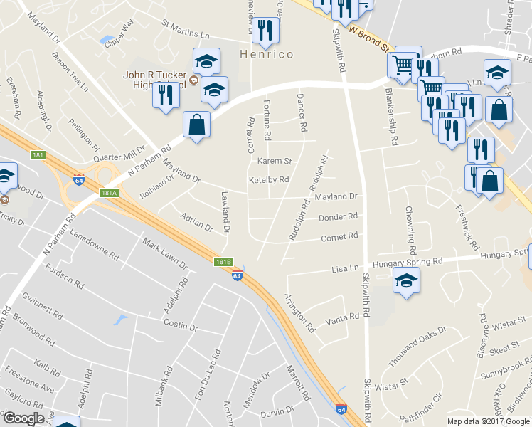 map of restaurants, bars, coffee shops, grocery stores, and more near 7802 Dasher Road in Richmond