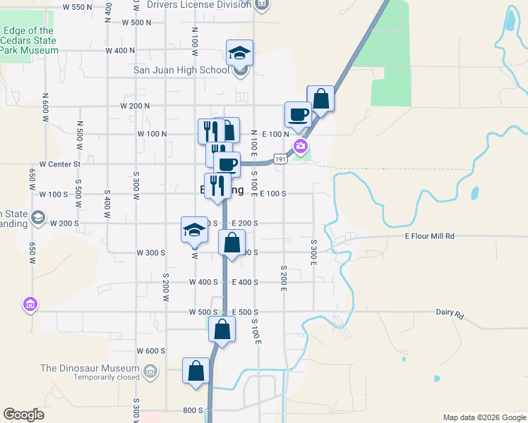 map of restaurants, bars, coffee shops, grocery stores, and more near 169 South 100 East in Blanding
