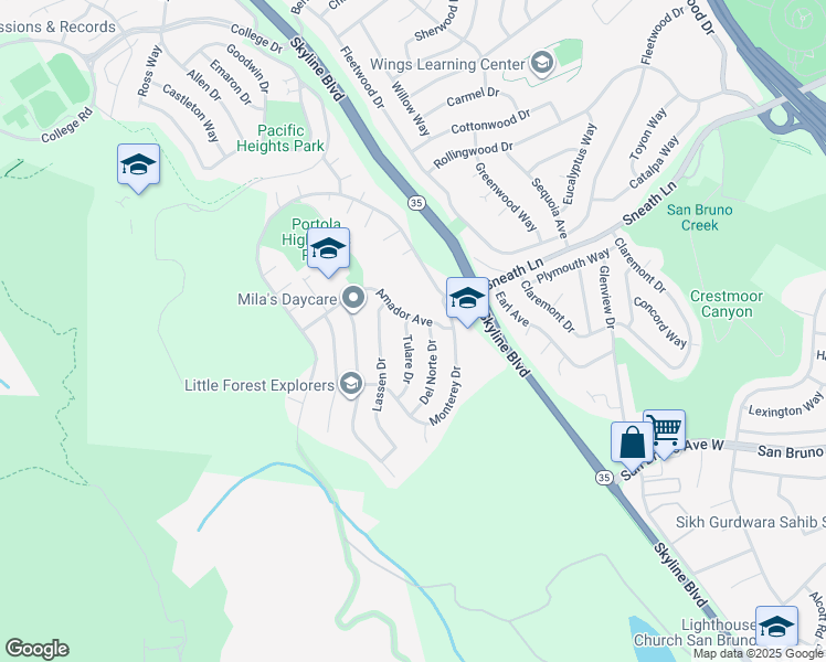 map of restaurants, bars, coffee shops, grocery stores, and more near 280 Tulare Drive in San Bruno