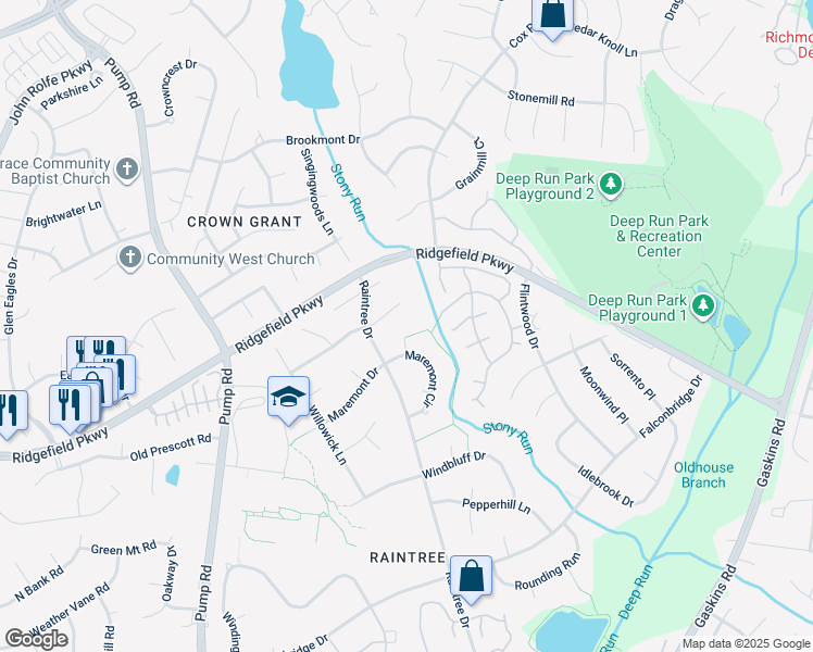 map of restaurants, bars, coffee shops, grocery stores, and more near 10224 Maremont Court in Richmond