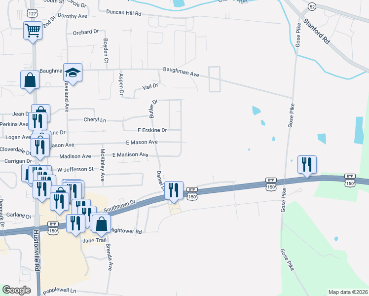 map of restaurants, bars, coffee shops, grocery stores, and more near 260 Stevenson Avenue in Danville