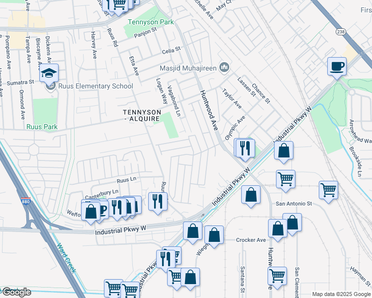 map of restaurants, bars, coffee shops, grocery stores, and more near 936 Fall River Drive in Hayward