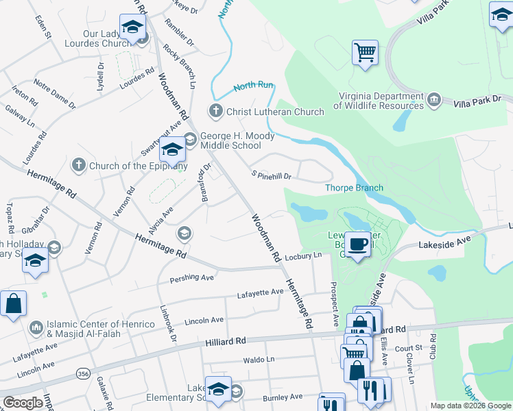 map of restaurants, bars, coffee shops, grocery stores, and more near 7507 Woodman Road in Richmond