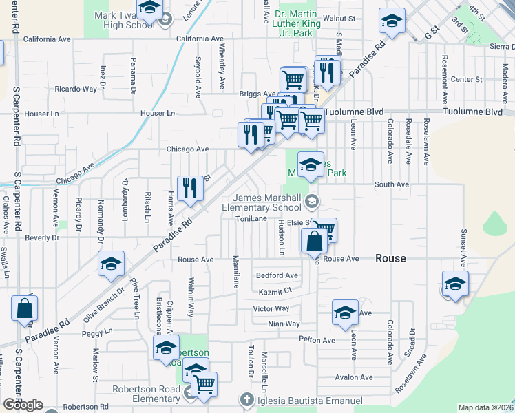 map of restaurants, bars, coffee shops, grocery stores, and more near 1626 Vicksburg Street in Modesto
