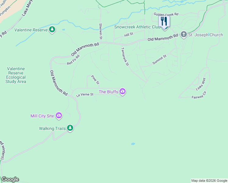 map of restaurants, bars, coffee shops, grocery stores, and more near 385 Le Verne Street in Mammoth Lakes