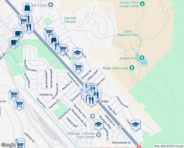 map of restaurants, bars, coffee shops, grocery stores, and more near 627 Jilliene Way in Hayward