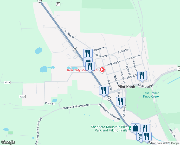 map of restaurants, bars, coffee shops, grocery stores, and more near 106 Saint Mary Street in Pilot Knob