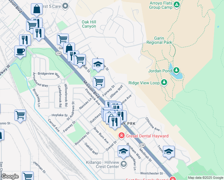 map of restaurants, bars, coffee shops, grocery stores, and more near 581 Fairway Street in Hayward