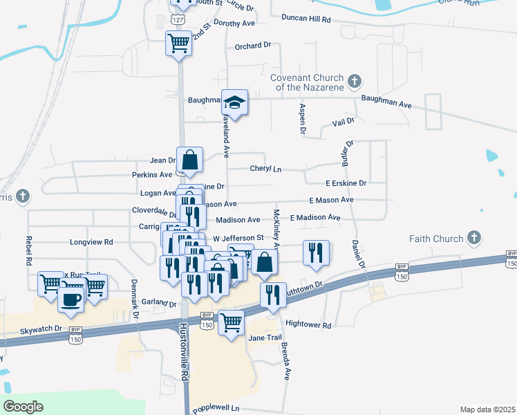 map of restaurants, bars, coffee shops, grocery stores, and more near 171 Madison Avenue in Danville