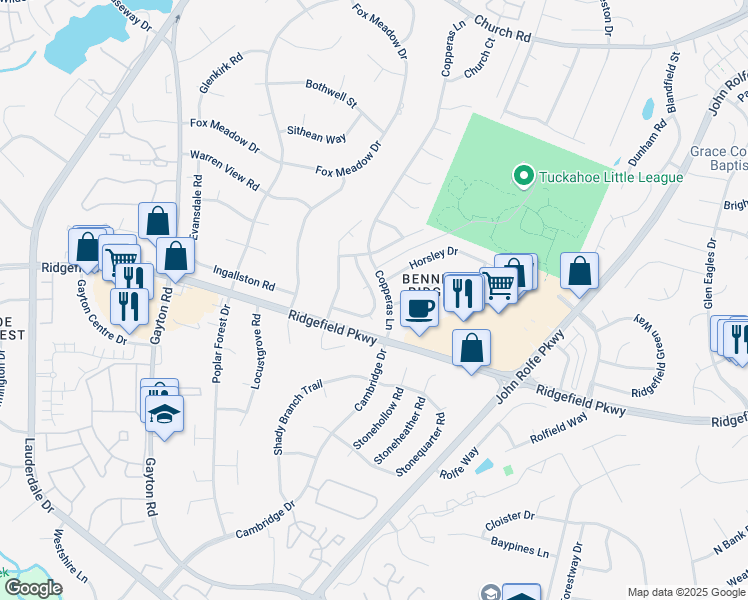 map of restaurants, bars, coffee shops, grocery stores, and more near 2149 Kelly Ridge Road in Henrico