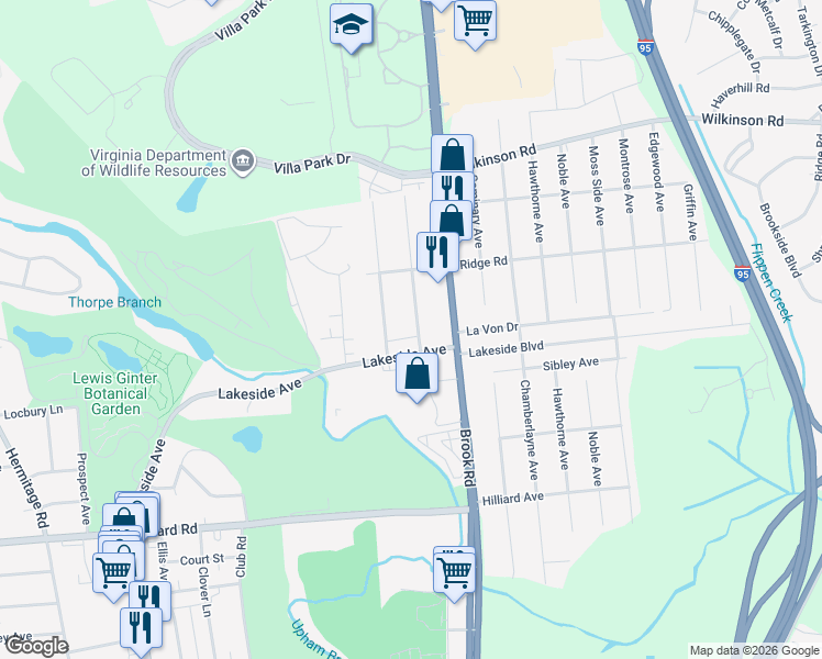 map of restaurants, bars, coffee shops, grocery stores, and more near 7401 Landsworth Avenue in Richmond