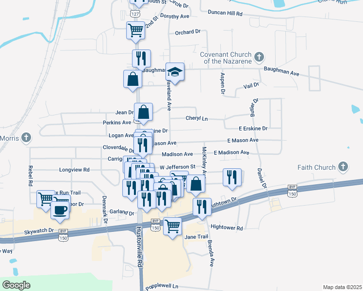 map of restaurants, bars, coffee shops, grocery stores, and more near 192 West Mason Avenue in Danville