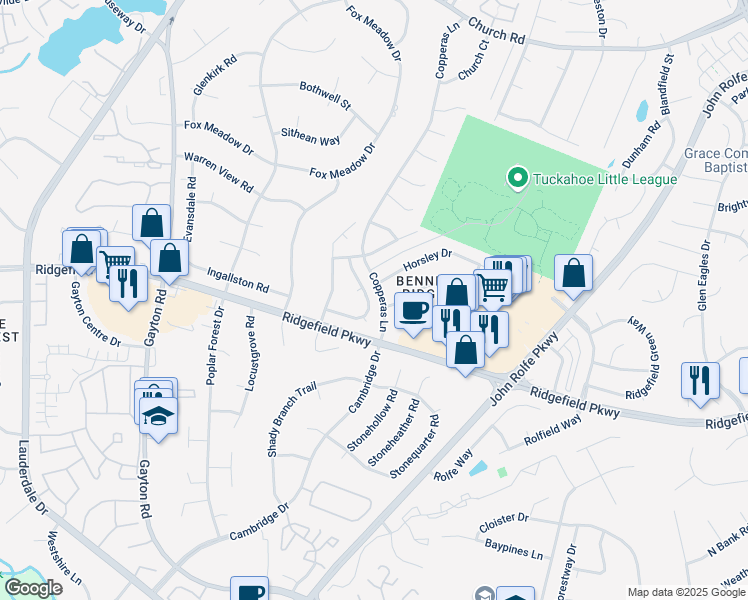 map of restaurants, bars, coffee shops, grocery stores, and more near 2149 Kelly Ridge Road in Henrico
