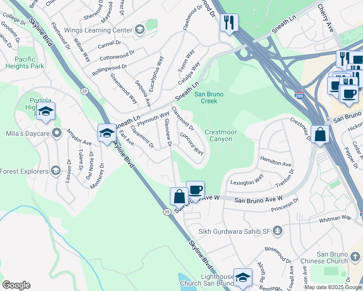 map of restaurants, bars, coffee shops, grocery stores, and more near 1661 Claremont Drive in San Bruno