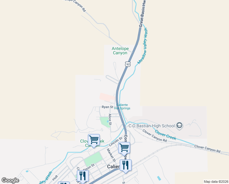 map of restaurants, bars, coffee shops, grocery stores, and more near 820 North Spring Street in Caliente