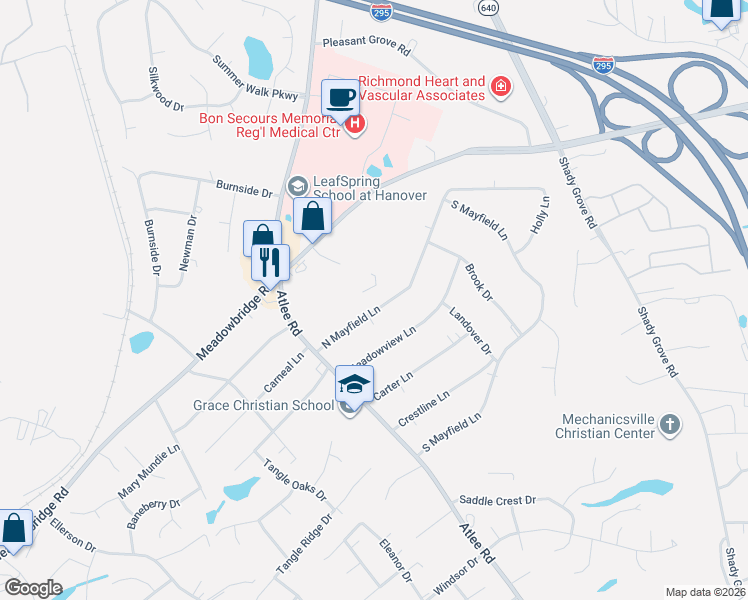 map of restaurants, bars, coffee shops, grocery stores, and more near 8252 North Mayfield Lane in Mechanicsville