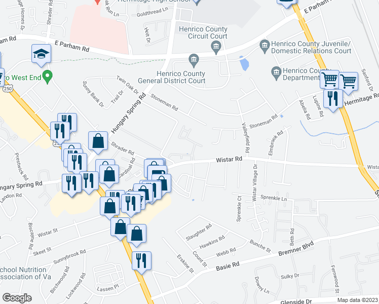 map of restaurants, bars, coffee shops, grocery stores, and more near 4602 Willow Leaf Place in Henrico