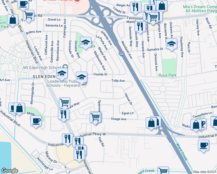 map of restaurants, bars, coffee shops, grocery stores, and more near 28028 Petrina Court in Hayward