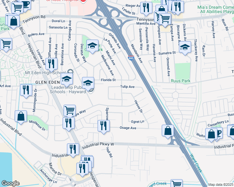 map of restaurants, bars, coffee shops, grocery stores, and more near 28028 Petrina Court in Hayward
