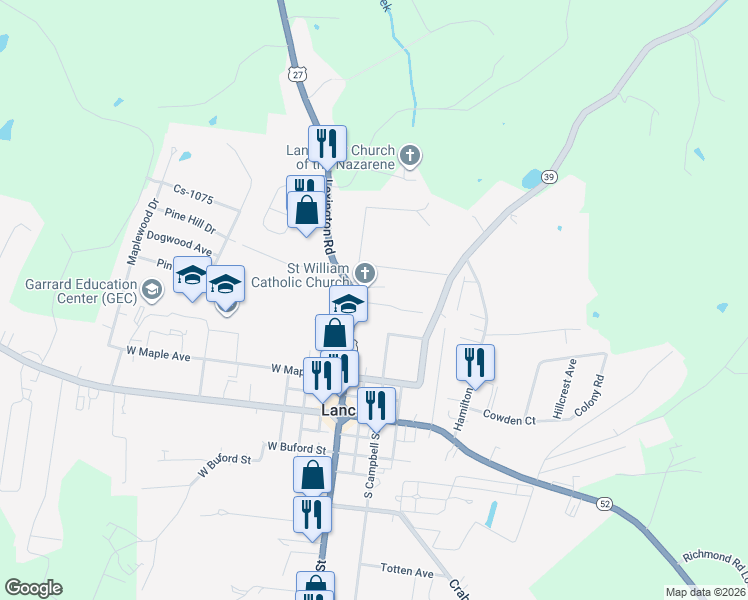 map of restaurants, bars, coffee shops, grocery stores, and more near 222 Lexington Road in Lancaster