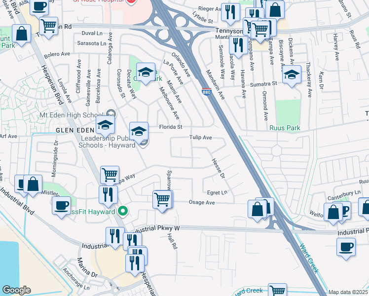 map of restaurants, bars, coffee shops, grocery stores, and more near 28028 Petrina Court in Hayward