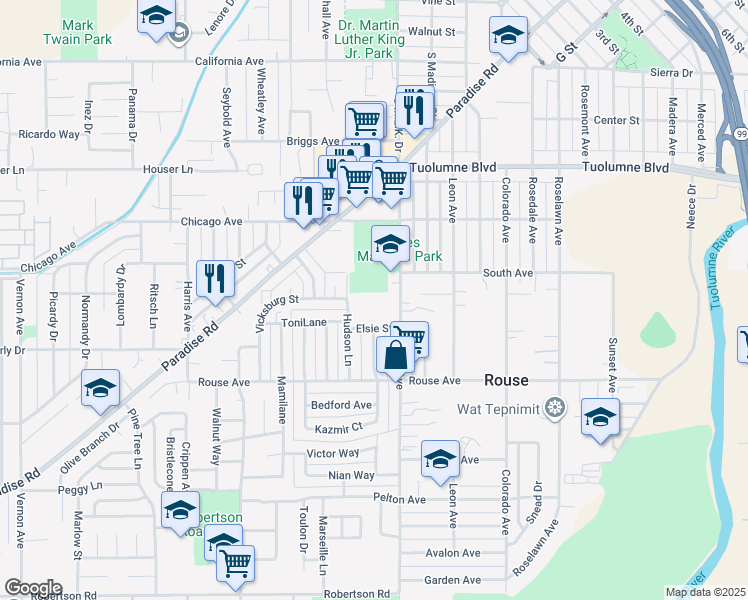 map of restaurants, bars, coffee shops, grocery stores, and more near 515 Sutter Ave in Modesto