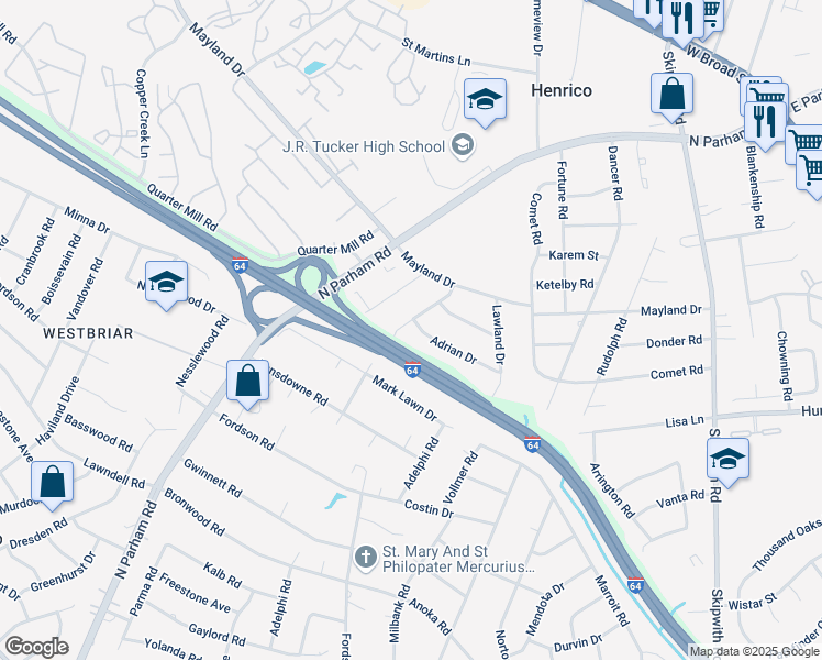 map of restaurants, bars, coffee shops, grocery stores, and more near 8229 Adrian Drive in Richmond