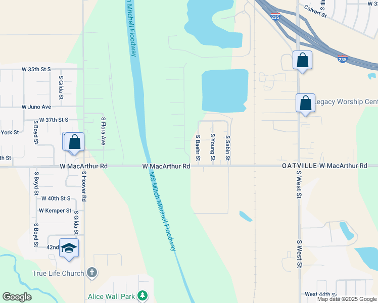 map of restaurants, bars, coffee shops, grocery stores, and more near 3933 South Baehr Street in Wichita