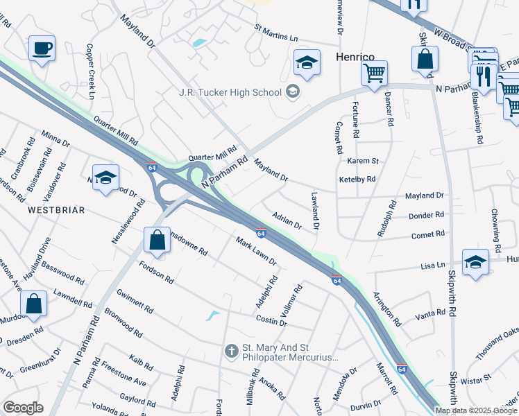 map of restaurants, bars, coffee shops, grocery stores, and more near 8229 Adrian Drive in Richmond