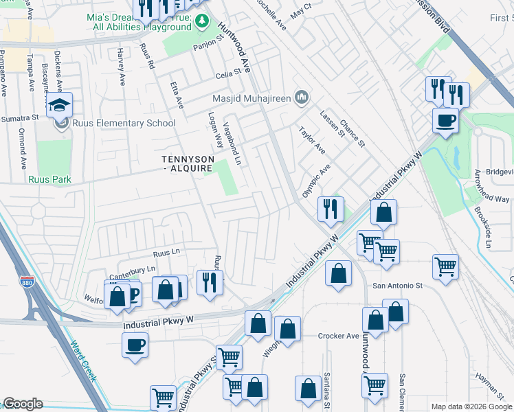 map of restaurants, bars, coffee shops, grocery stores, and more near Providence Way & Fall River Dr in Hayward