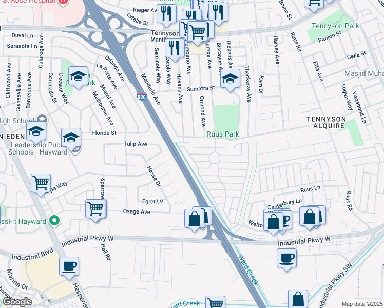 map of restaurants, bars, coffee shops, grocery stores, and more near 1587 De Lemos Avenue in Hayward