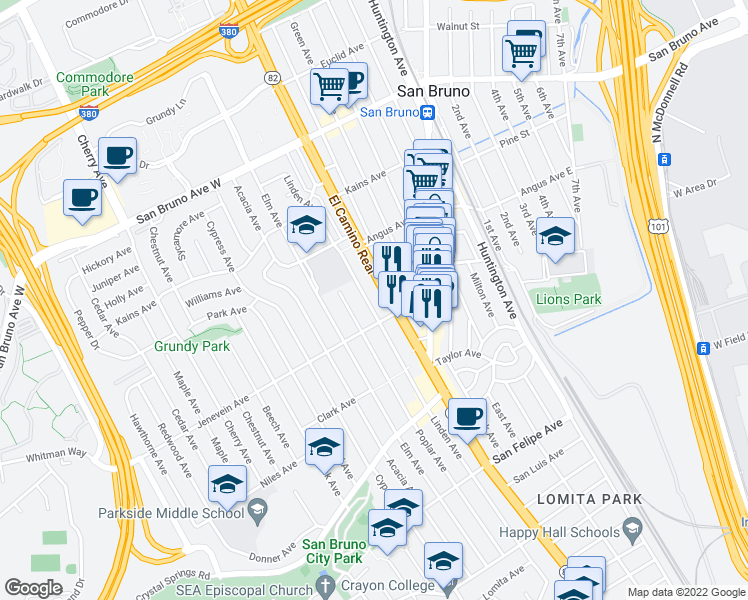 map of restaurants, bars, coffee shops, grocery stores, and more near 520 Linden Avenue in San Bruno