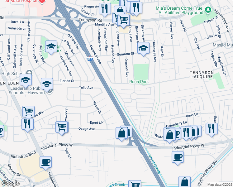 map of restaurants, bars, coffee shops, grocery stores, and more near 28147 Murcia Street in Hayward
