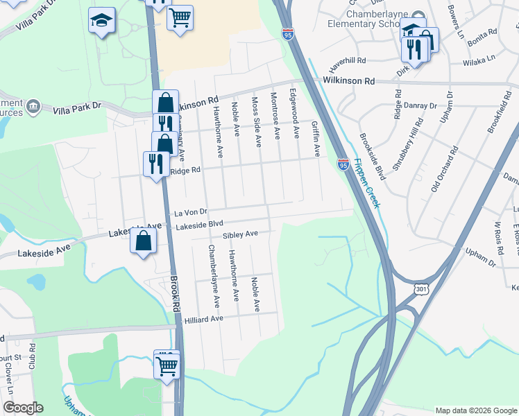 map of restaurants, bars, coffee shops, grocery stores, and more near 710 Lakeside Boulevard in Richmond