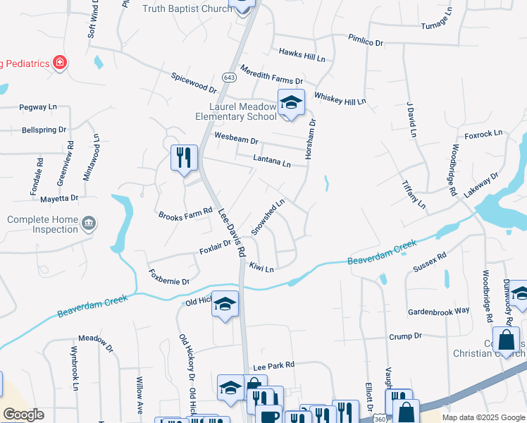 map of restaurants, bars, coffee shops, grocery stores, and more near 7036 Snowshed Lane in Mechanicsville