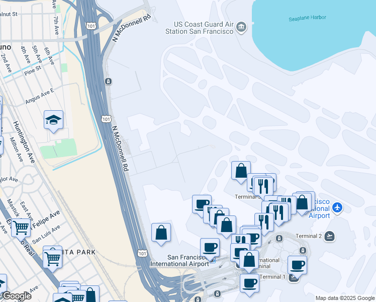 map of restaurants, bars, coffee shops, grocery stores, and more near 645 West Field Road in San Francisco