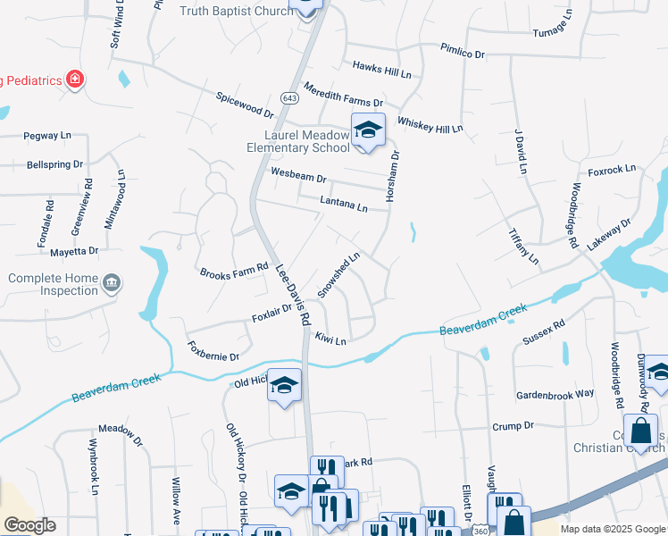 map of restaurants, bars, coffee shops, grocery stores, and more near 7036 Snowshed Lane in Mechanicsville