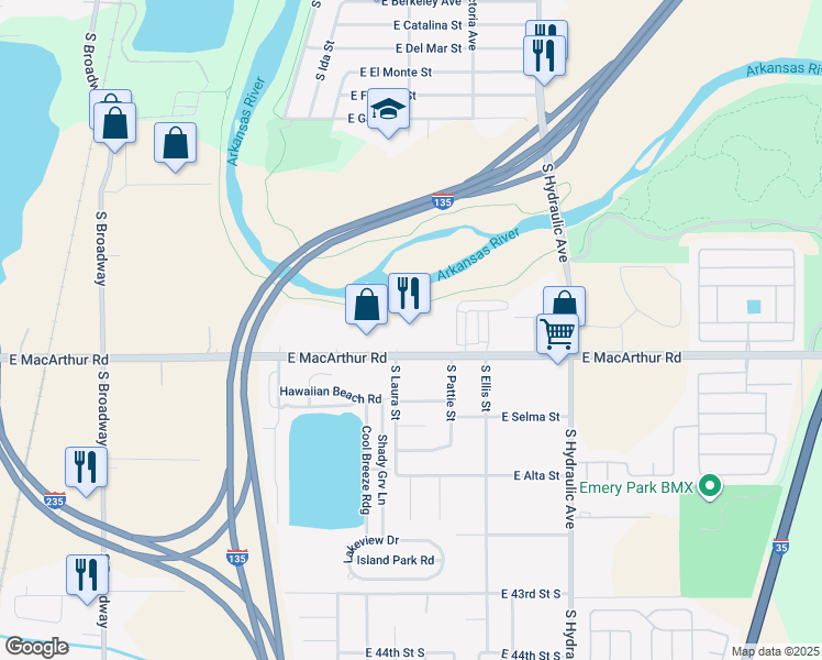 map of restaurants, bars, coffee shops, grocery stores, and more near 1202 E MacArthur Rd in Wichita